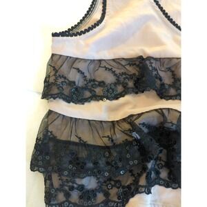 Y2K Cami Top XL Black Lace Trim Sequins Beige Glam Coquette Fairy Festival